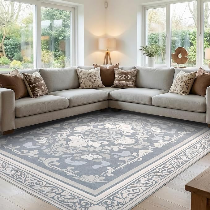 SOULFUL Medium Pile 2x3 Entryway Rug - Soft Foot Feel Small Area Rug - Greige Boho Floral - Washable Non-Slip - Perfect for Hallway Kitchen Bedroom Bathroom Indoor Entrance