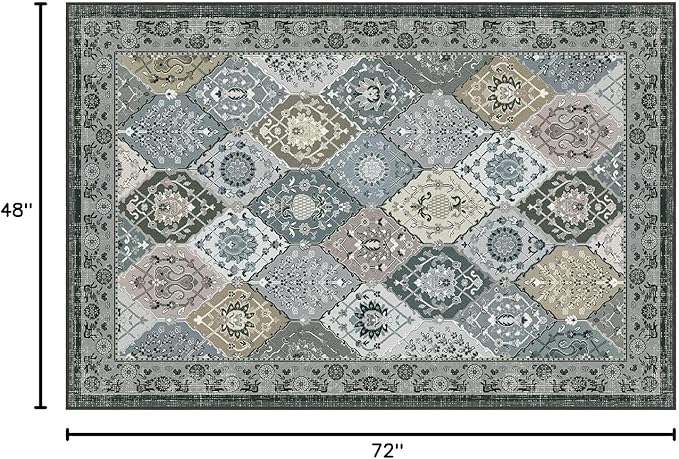 Phantoscope Washable Area Rug 4'x6' Non-Slip, Vintage Boho Rugs for Living Room, Bedroom, Dining Room, Distressed Moroccan Mosaic Diamond Pattern, Low-Pile Foldable Floor Carpet, Grey Charcoal