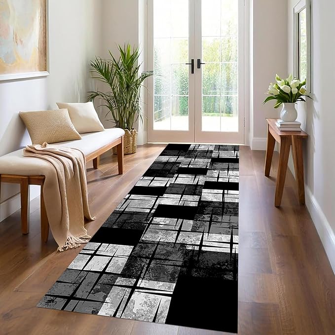 Distressed Checkered Runner Rugs, 2.6x10ft, Washable Runner Rug with Rubber Backing, Soft Vintage Geometric Black Grey Floor Carpet for Front Door Home Office