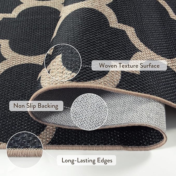 Lahome Moroccan Easy Jute Runner Rug 2x6, Black Washable Runner Rugs for Outdoor Porch Kitchen, Geometric Trellis Woven Long Carpet for Laundry, Thin Non Slip Farmhouse Porch Decor