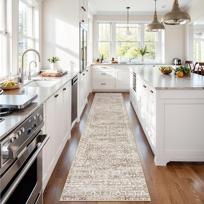 Lahome Runner Rug for Hallway 2.5x10, Washable Kitchen Runner Rugs Ultra-Thin Non Slip, Neutral Boho Print Long Farmhouse Indoor Carpet Runner for Entryway 10ft (Taupe, 2'5''x10')