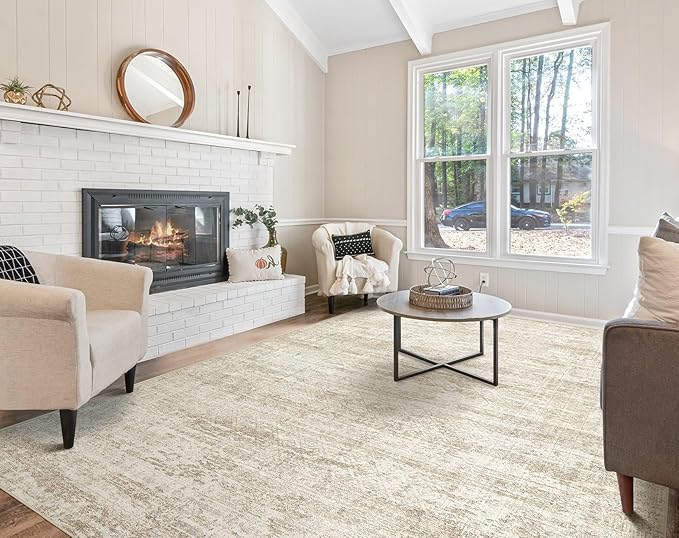 7x9 Area Rug Living Room Rugs - Washable Neutral Modern Abstract Soft Thin Rug Indoor Floor No Slip Rug Carpet for Bedroom Under Dining Table Home Office Decor - Beige/Brown