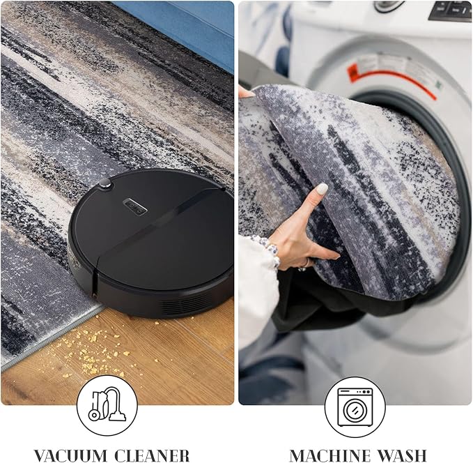 Modern Abstract Runner Rug 2.6x16, Grey Black Multi Washable Long Kitchen Runner Non-Slip Soft Hallway Rug Runner Thin Print Faux Wool Carpet for Entryway Bedroom Laundry Room Indoor Home Decor