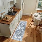 Area Rugs 2'x5' Washable Non-Slip, Floral Vintage Distress Print Pattern Medallion Carpet for Living Room Bedroom Dining Room, Light Gray Grey White