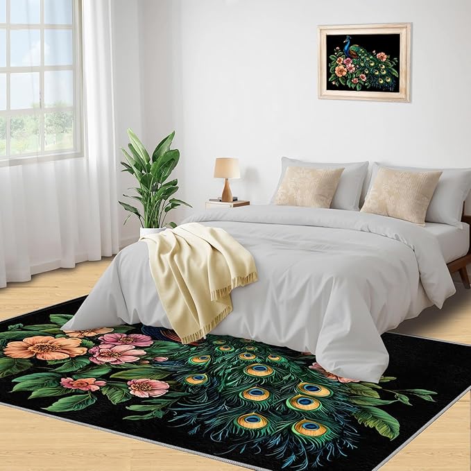 Peacock Peony Rugs for Bedroom - 6x9 Rug, Classic Peacock Peony Area Rugs for Living Room, Teal Turquoise Carpet, Floral Plant Washable Area Mat, Aesthetics Carpet - Peafowl Home Decor & Gifts