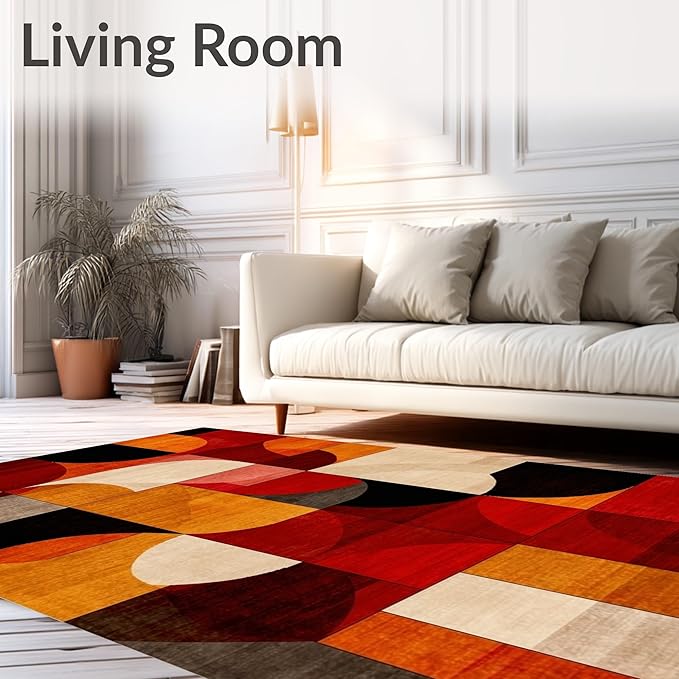 Flatwoven High Traffic Area Rug 5x7, Ember Abstract Geometric Shape Throw Indoor Floor, Non Slip, Stain Resistant, Washable Area Rugs for Living Room, Bedroom (Orange, 5x7)