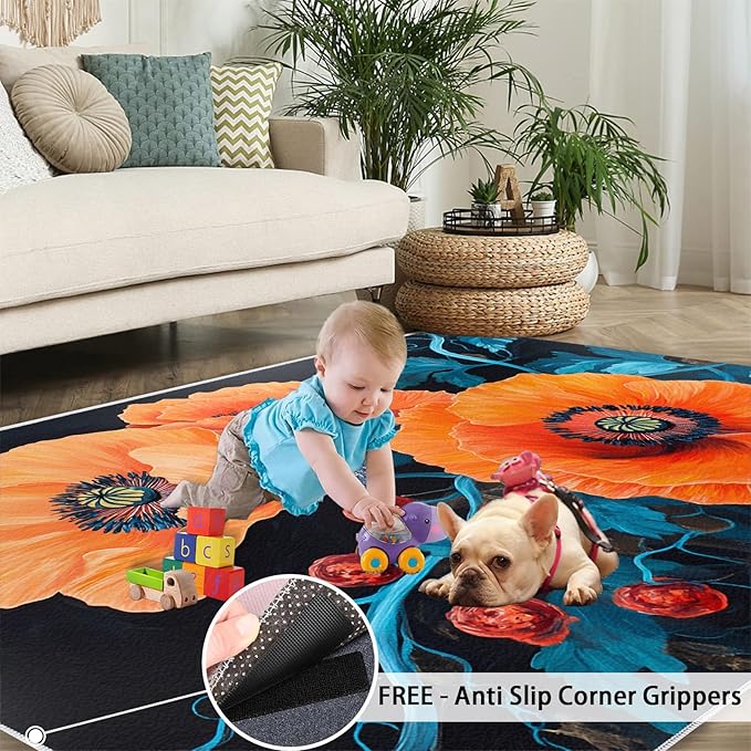 6x9 Poppy Living Room Rug - Retro Flowers Art Bedroom Carpet, Rustic Florals Art Classroom Rug for Carpet Boy Bedroom Office Nursery Hardwood Home Decor