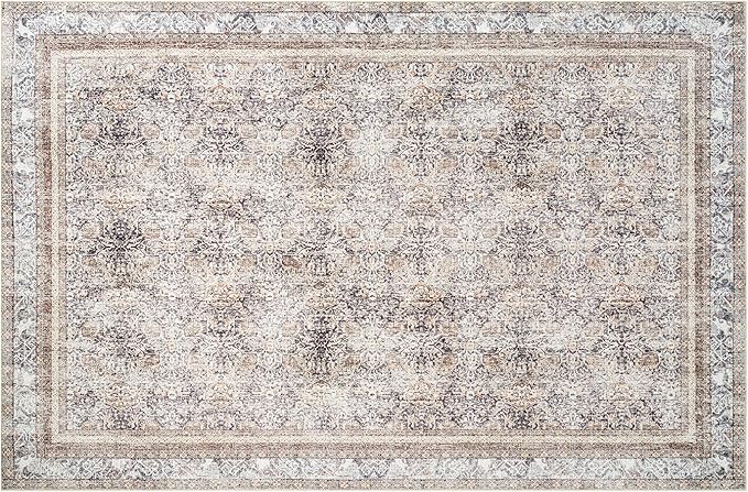Phantoscope Washable Area Rug 5'x7' Non-Slip, Vintage Neutral Rugs for Living Room, Bedroom, Dining Room, Distressed Boho Floral Medallion Pattern, Low-Pile Foldable Floor Carpet, Light Brown