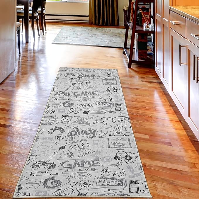 Ambesonne Video Games Decorative Rug, Monochrome Sketch Gaming Design Racing Monitor Device Gadget Teen 90's, Quality Carpet for Bedroom Dorm and Living Room, 2' 5" x 7' 5", Pale Grey
