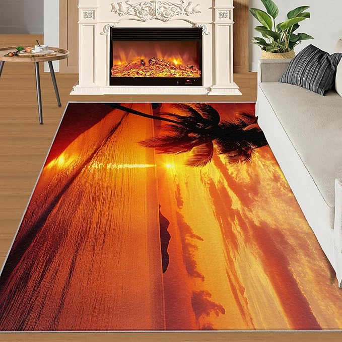 Coastal Rugs for Bedroom - 3x5 Area Rug - Ocean Beach Rugs for Living Room, Sunset Palm Trees Rug, Non-Slip Washable Home Decor Carpet