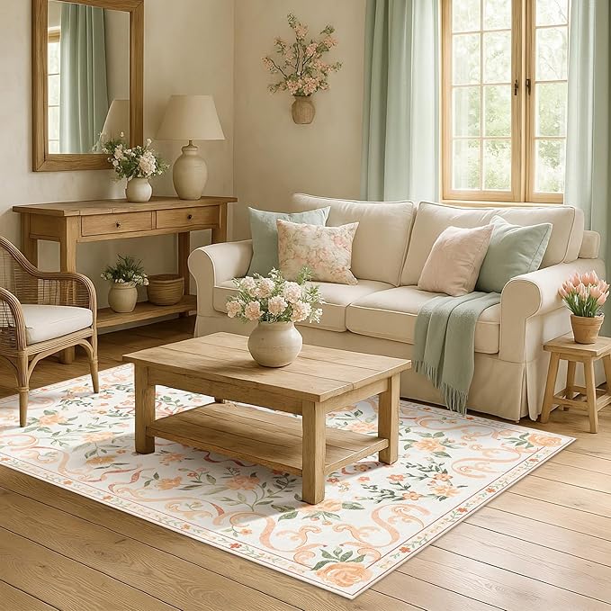 Orange Rug Bow Floral Rug 3x5, Washable Boho Area Rugs Non Slip Low Pile Carpet for Girls Room Bedroom, Bedside, Kitchen, Entryway, Kids Room, Soft Ultra-Thin Indoor Elegant Rugs