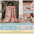 Kokia Boho Vintage Floral Area Rugs, Washable Oriental Botanical Rugs for Living Room, Bedroom, Dining Room, Office, Large Soft Indoor Area Rug, Rosette Pink，8x10