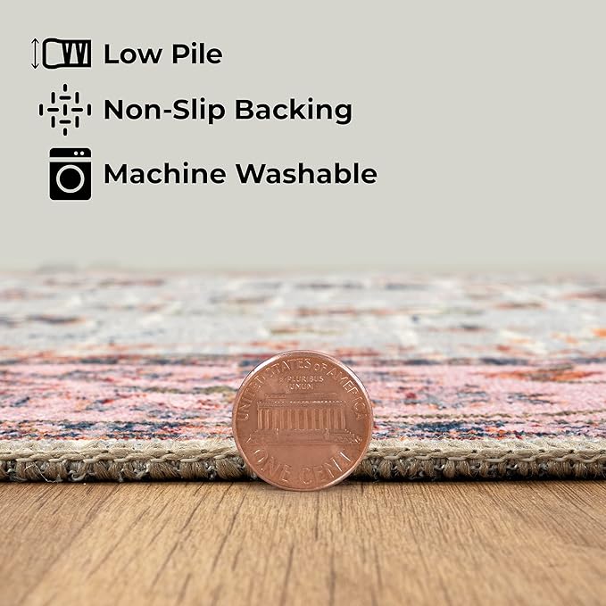 GLN Rugs Traditional Collection - Machine Washable Area Rug, Traditional Washable, Non Slip, Low Pile Chenille Rug, Living Room, Bedroom, Kitchen Rug (2'6" x 10' Pink/Blue/Multicolor)