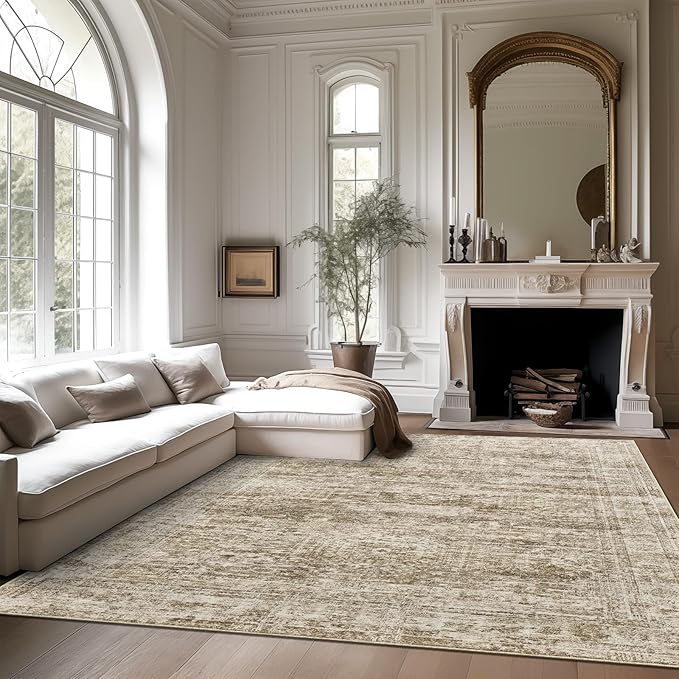 Washable Area Rug 8x10, Large Soft Rugs for Living Room Vintage Area Rugs for Bedroom Dining Room Non-Slip Stain Resistant Brown Under Table Rug