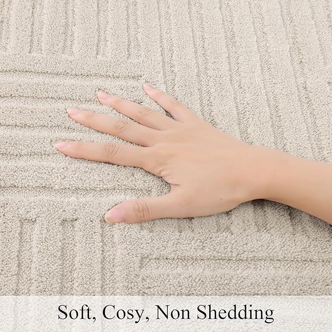 SHACOS Soft Cozy Fluffy Arch Pattern High-Low Pile Textured Area Rug 5'3"x7'3" Non Slip Washable Modern Geometric Rug Stain Resistant Contemporary Carpet for Living Room Bedroom Dining Room, Beige