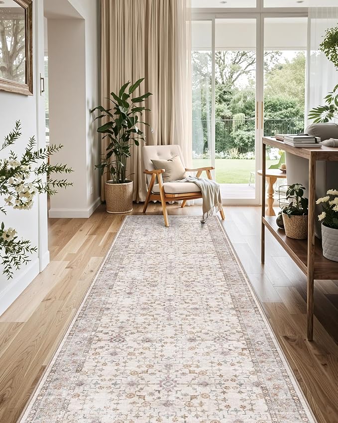 LUMI Runner Rug 3x7, Washable Non-Slip Hallway Throw Rugs, Long Soft Thin Vintage Oriental Kitchen Mats, Low-Pile Indoor Kitchen Entryway Area Rug, Beige