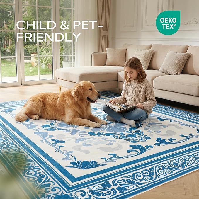 SOULFUL Medium Pile 4x6 Rugs for Living Room - Soft Foot Feel Area Rug - Blue Boho Floral - Washable Non-Slip - Perfect for Bedroom Kids Room Under Dining Table Office