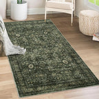 Morebes Vintage Throw Rugs, 3x5 Washable Rug Non Slip, Soft Area Rug for Bedroom, Distressed Non-Shedding Floral Rug for Entryway Bathroom Kitchen Foyer Bedside Playroom Christmas Decor,Dark Green