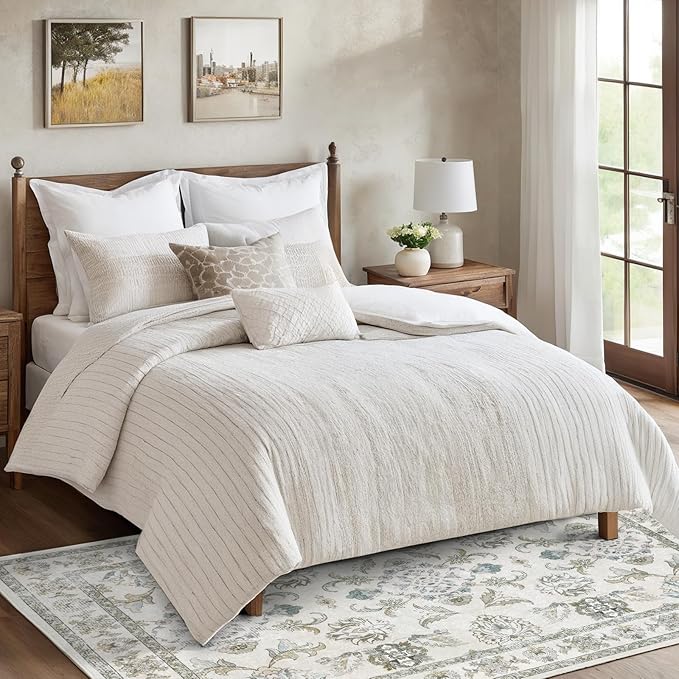 6x9 Washable Area Rugs Beige and Sage Green Vintage Boho Floral Farmhouse Rug for Living Room Bedroom, Non Slip Low Pile Carpet