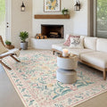 Morebes Floral Pink Rugs for Bedroom Girls, Washable 5x7 Large Area Rug for Living Room Non Slip, Vintage Low-Pile Indoor Floor Boho Flower Carpet for Kids Nursery Playroom, Light Pink&Green