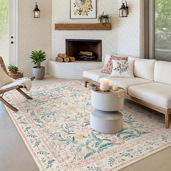 Morebes Floral Pink Rugs for Bedroom Girls, Washable 5x7 Large Area Rug for Living Room Non Slip, Vintage Low-Pile Indoor Floor Boho Flower Carpet for Kids Nursery Playroom, Light Pink&Green