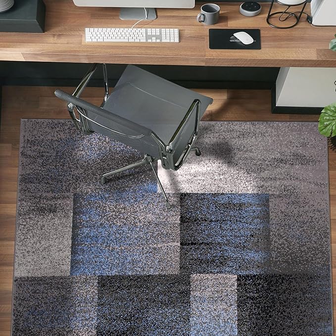 Rugshop Blue Modern Distressed Boxes Area Rug — Non-Shedding for Bedroom, Home Office and Entryway 3' x 5'