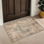 Green Brown 2x3 Washable Small Throw Rug for Entryway, Kitchen, Bathroom, Non Slip with Rubber Backing, Low Pile & Soft Stain Resistant Carpet, Farmhouse Medallion Abstract Indoor Décor