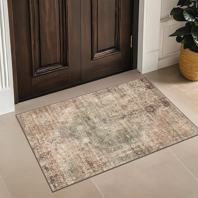 Green Brown 2x3 Washable Small Throw Rug for Entryway, Kitchen, Bathroom, Non Slip with Rubber Backing, Low Pile & Soft Stain Resistant Carpet, Farmhouse Medallion Abstract Indoor Décor