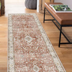 Deerly Rug Runner - Boho 3x8 Washable Kitchen Rug Runner with Non-Slip Backing, Non-Shedding Floral Soft Runners for Hallways Distressed Carpet Runner Rugs for Bedroom Brick Red