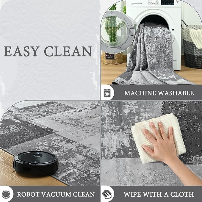 LOCHAS Rug for Living Room, Washable Soft Area Rugs for Bedroom 5x8, Abstract Carpet for Indoor Office Kids Dining Room Nursery Floor, Grey Geometric Vintage Home Decor, Non Slip, Pet Child Friendly