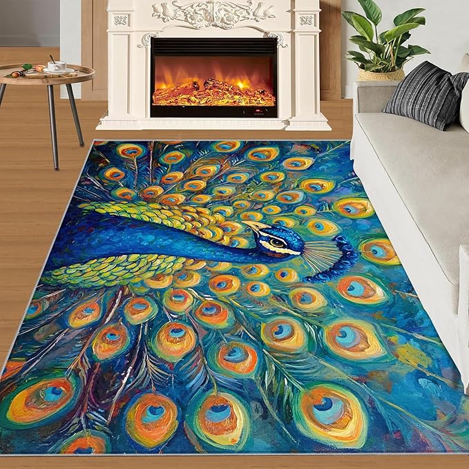 Peacock Area Rug 4x5-4x5 Rug, Wonderful Peacock Rugs for Living Room, Teal Turquoise Carpet, Peafowl Washable Area Rugs for Bedroom, Aesthetics Carpet - Peafowl Home Decor & Gifts