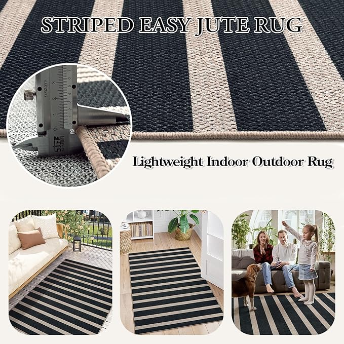 Lahome Striped Easy Jute 3x5 Outdoor Patio Porch Rug, Washable Rugs for Entryway Geometric Indoor Outdoor Living Room Carpet, Farmhouse Neutral Non Slip Black Carpet for Backyard Bedroom