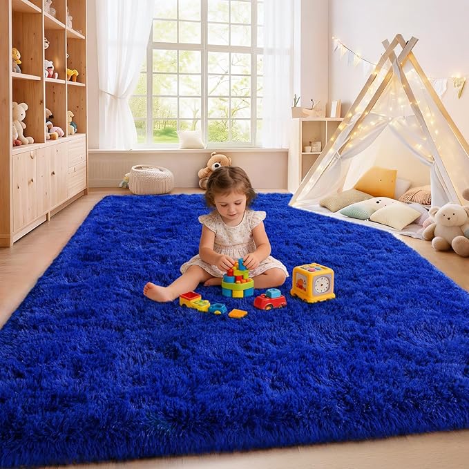 Extra Large 9x12 Feet Fuzzy Rug Blue Fluffy Rug for Living Room, Big Plush Non-Skid Shag Carpet, Soft Shaggy Rugs for Bedroom Indoor Modern Home Decor