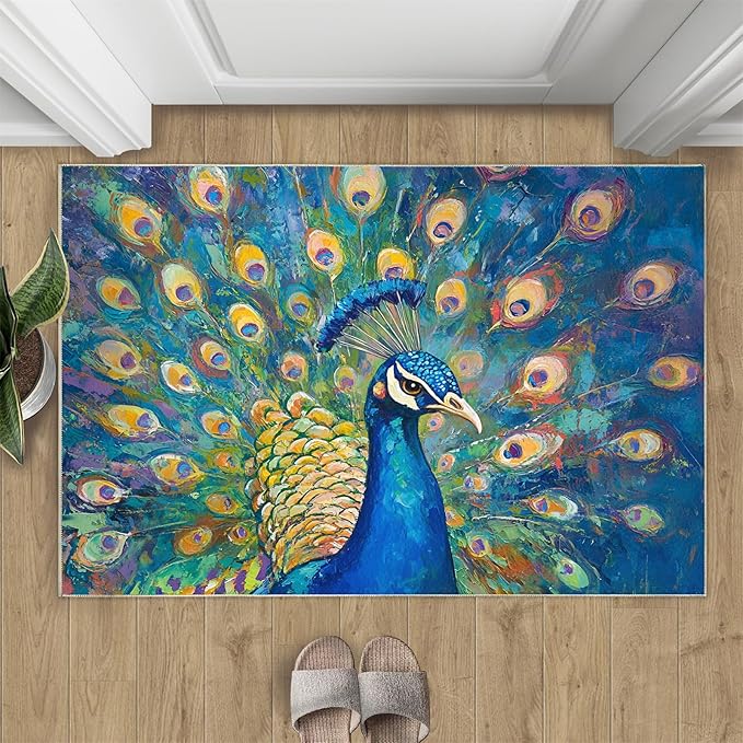 Peacock Rug Small - 3x4 Rug, Turquoise Teal Peafowl Washable Rugs for Living Room, Peafowl Decor Carpet, Modern Style Non-Slip Area Rugs for Bedroom, Aesthetics Carpet - Peafowl Home Decor & Gifts