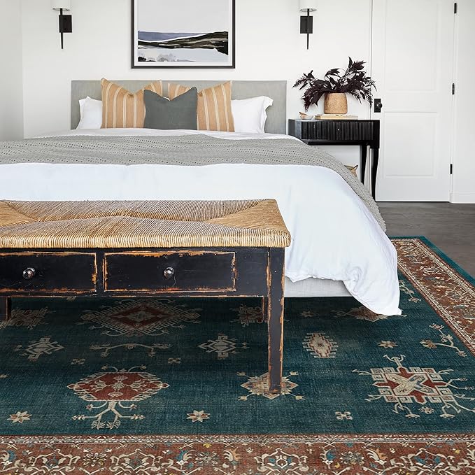 RUGGABLE Washable Vintage Area Rug – Verena Teal Blue 8x10, Stain-Resistant, Non-Slip – Large Machine Washable Rugs for Living Room, Bedroom, Hallway, Entryway & Office–with Standard Pad