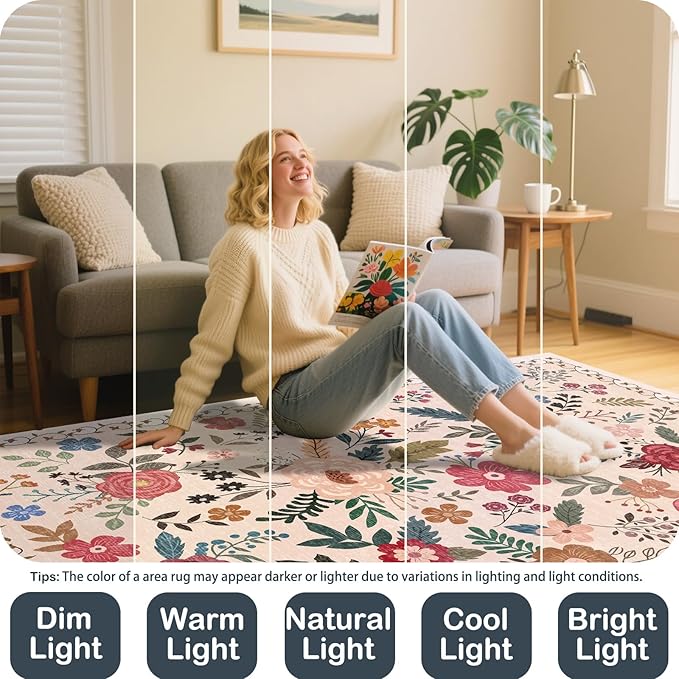 6x9 Area Rugs for Living Room Clearance Washable Boho Area Rug, Vintage Floral Non Slip Low Pile Large Rug for Living Room, Bedroom, Dining Room, Farmhouse (6 x 9 Beige Red)