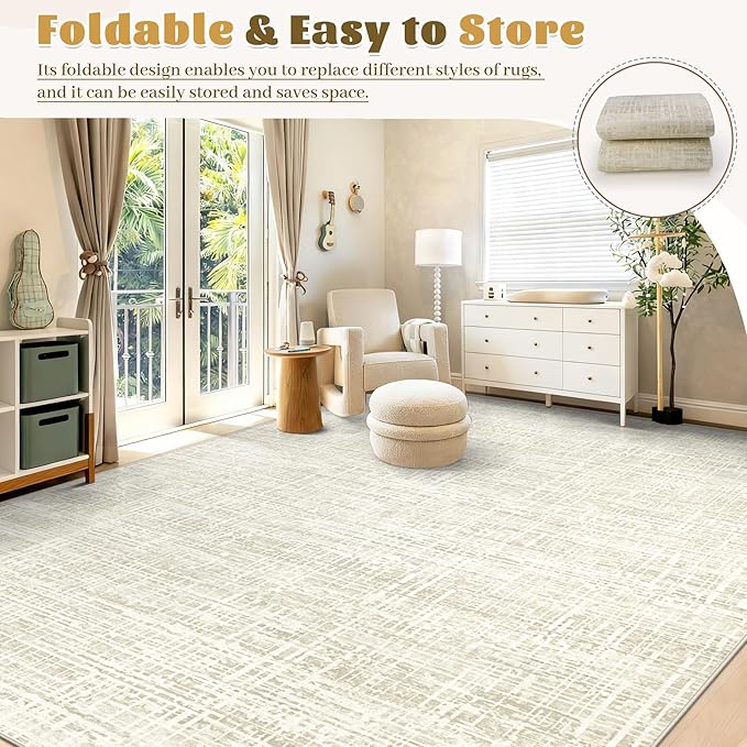 5x7 Area Rugs for Living Room, Washable Large Area Rug Neutral Modern Abstract Bedroom Rug Soft Non Slip Low Pile Stain Resistant Indoor Carpet for Nursery Kids Dining Room Office(Beige, 5'x7')