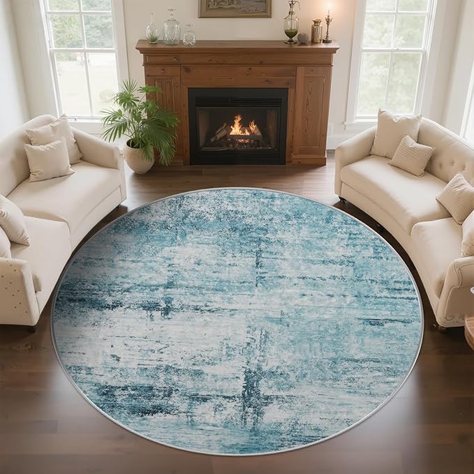 Round 6ft Area Rug Modern Abstract Washable for Living Room Bedroom Dining Room Home Office Teal Gray
