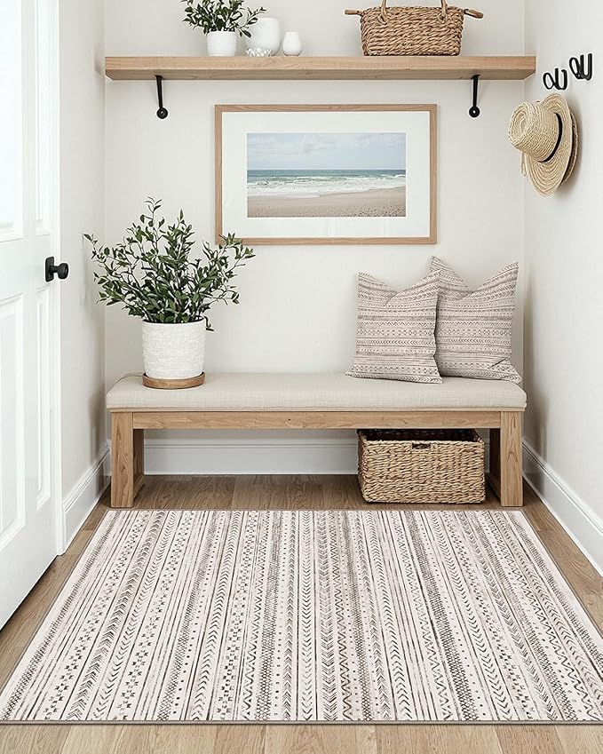 LUMI Ultra Thin Door Mat, 36x59 Non Slip Indoor Doormat Entrance Washable Rugs Entryway Oriental Vintage Soft Carpet for Kitchen Bedroom Front Door, White and Brown