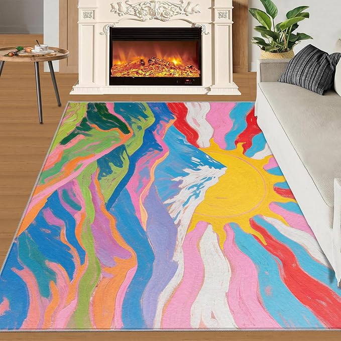 Boho Sun Area Rugs 8x10ft, Watercolor Mountain Area Rug for Living Room, Abstraction Deco Modern Rug with Double Sided Carpet Tape for Bedroom Men Room Decor