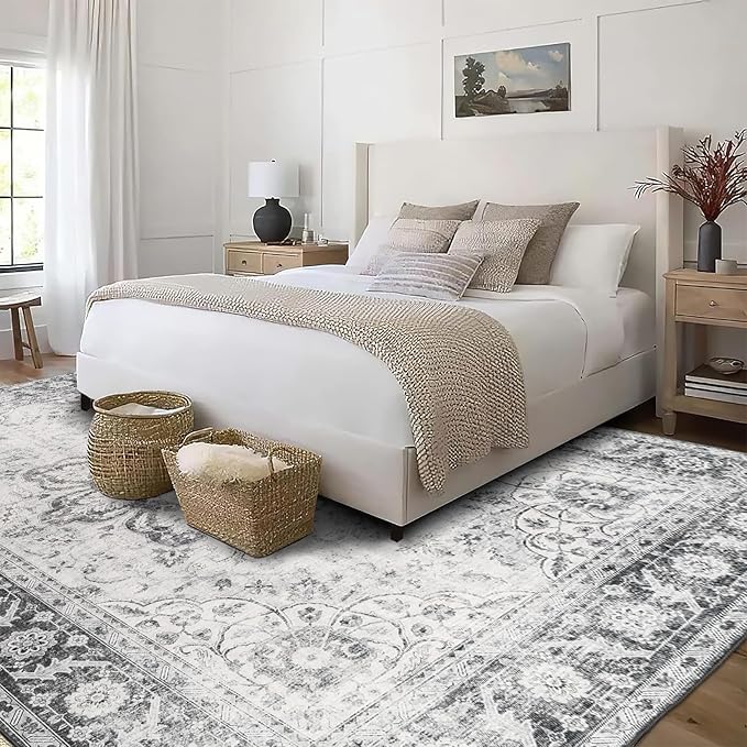 ReaLife Rugs Machine Washable Area Rug Runner - Living Room Bedroom Bathroom Kitchen Entryway Office - Padded Low Pile Stain Resistant Premium - Boho Farmhouse Vintage - Joy - Gray 3' x 5'