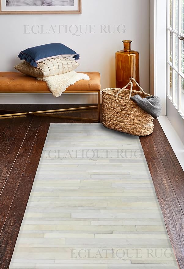 Cowhide Leather Rug for Living Room 5x8 Natural Leather Rug Modern Stripes Style Floor Carpet for Home Decor | Superior Indoor Area Rug, White