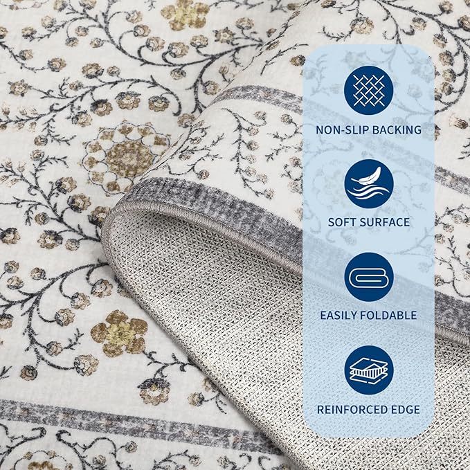 GarveeHome Boho 5x7 Area Rug for Bedroom, Floral Vintage Rugs for Living Room with Soft Low Pile, Non Slip Botanical Washable Rugs 5x7 for Dining Room Grey Carpet for Entryway Dorm Office Playroom