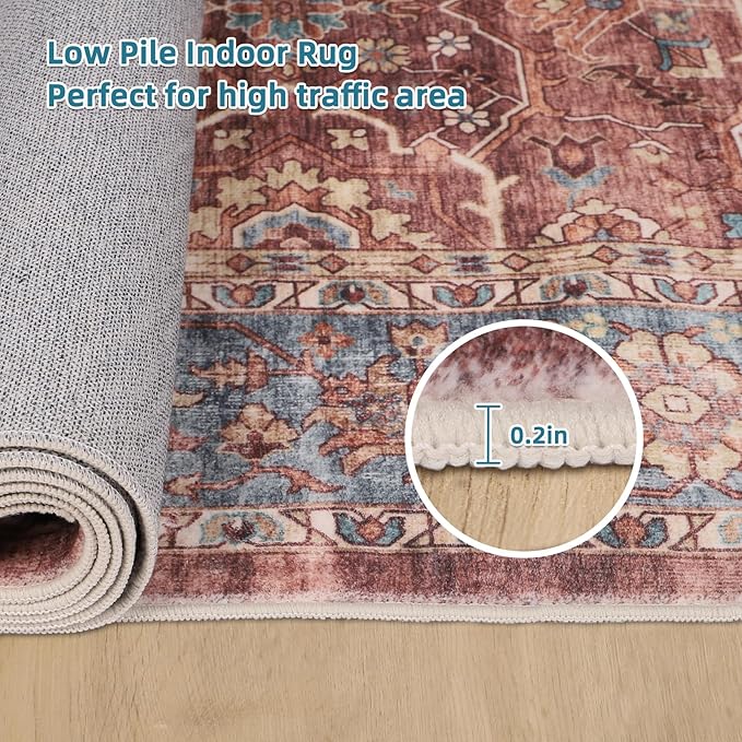 Dripex Vintage Washable Area Rug - 4x6 Distressed Rugs for Living Room Bedroom Oriental Medallion Floral Print Carpet Low-Pile Indoor Soft Non-Slip Accent Rug Farmhouse Office Home Decor