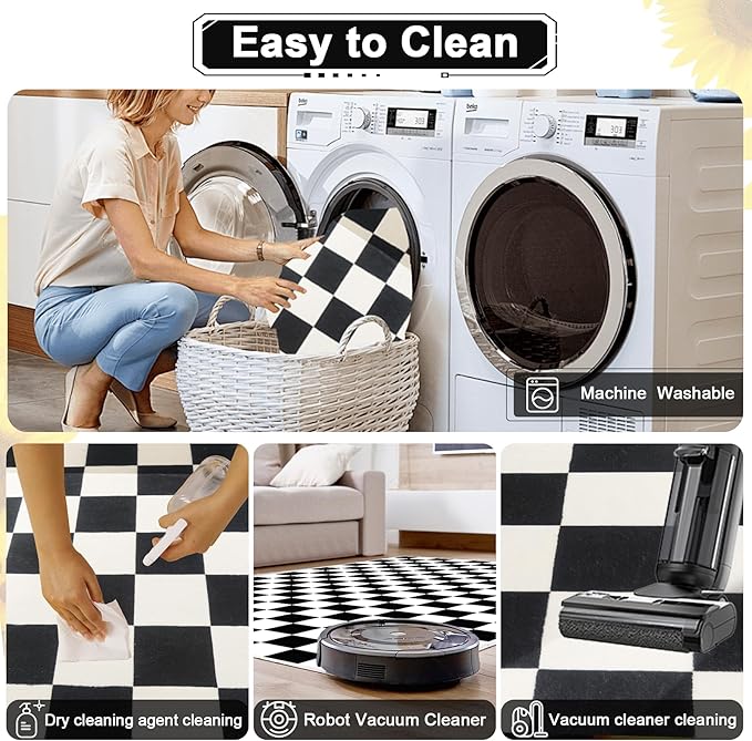 Checkered Rug 5x7 Large Washable Black and White Checkered Rug Modern Ultra Soft and Low-Pile Non-Slip Bedroom Carpet for Dining Room Living Room Home Decor (Black and White, 5x7ft)