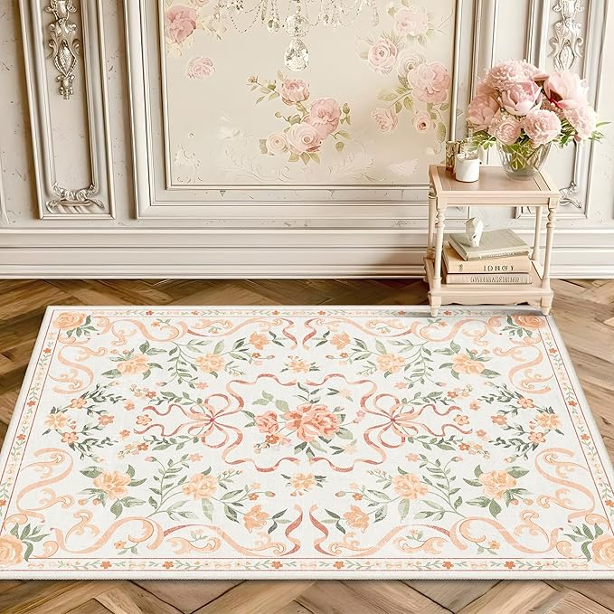 Orange Rug Bow Floral Rug for Girls, 2x3 Washable Small Area Rug for for Entryway, Kitchen, Front Door Indoor Entrance, Non Slip Carpet for Bathroom Bedroom Living Room