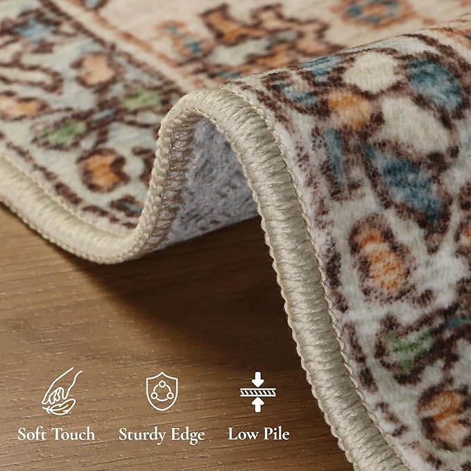 GENIMO 8x10 Area Rugs for Living Room, Machine Washable Non Slip Vintage Rugs, Low Pile Lightweight Chenille Print Rug for Bedroom, Dining Room, Home Office, Beige Cream