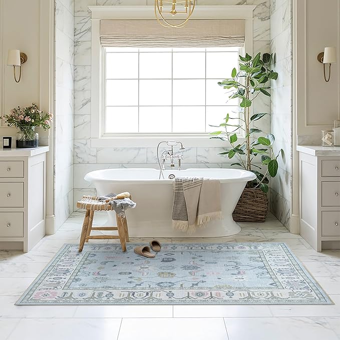 Fame Living Cream Blue Oushak Rug, Modern, Vintage, Turkish, Eclectic, Floral, Pastel, Washable, Area Rugs for Living Room, Dining, Bedroom, Office, Entryway, Foyer, Playroom, Nursery, 5'x6'9"