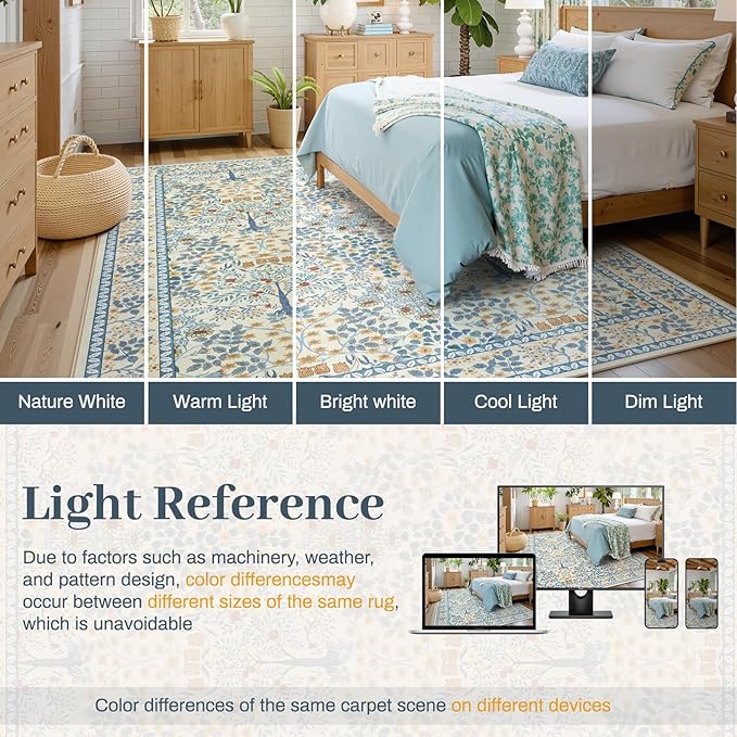 9x12 Area Rug Living Room Rug - Floral Vintage Forest Washable Carpet, Low Pile Non-Slip Stain Resistance Boho Soft Large Carpet for Bedroom, Dining Room Under Table, Farmhouse (9'x12' Blue/Orange)