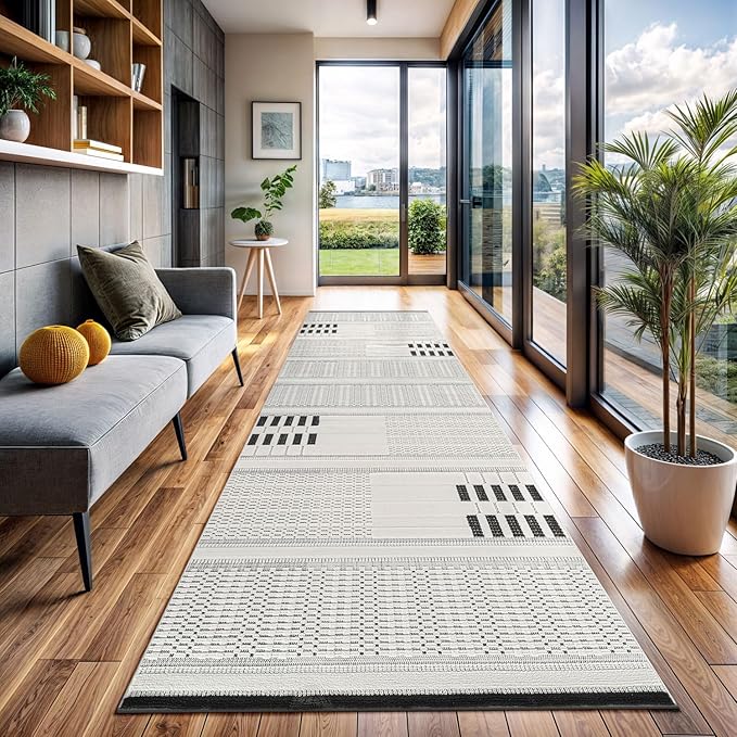 CAMILSON Modern Runner Rug 2x7 Luxury Geometric Pattern Micro Loop Hallway Rugs Soft High and Low Pile Stain Resistant Easy to Clean Non-Shedding Entryway Kitchen Indoor Area Carpet (White/Black)